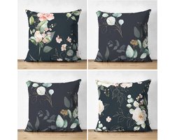 Sierkussens set van 4 stuks - INCLUSIEF BINNENKUSSENS 45x45 cm - zwart - wit - bloemen  - dubbelzijdig bedrukt - kussensloop - kussens woonkamer - kussenhoes