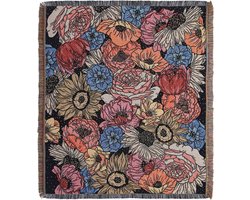 Sierplaid met bloemen - vintage stijl kleed met ingeweven dessin - zwart/gekleurd kleed - wandkleed gebloemd - 130 x 150 cm - STUDIO Ivana