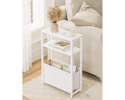 Sierra Bijzettafel, Bijzettafel met opbergruimte, 3-traps smalle bijzettafel met zak, smal nachtkastje, kleine salontafel voor kleine ruimtes, slaapkamer, woonkamer, kantoor (wit)