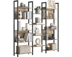 Sierra Boekenkast, 14-vaks staande boekenkast, plank met metalen frame, voor woonkamer, studeerkamer, kantoor, industrieel ontwerp, 24 x 158 x 166 cm, eikenkleur met blauwe nerf-zwart