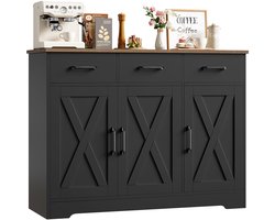 Sierra Dressoir, Dressoir, keukenkast, met 3 laden en 3 deuren, houten opbergkast, voorraadkast, kast voor de keuken, woonkamer, eetkamer, hal, zwart en bruin