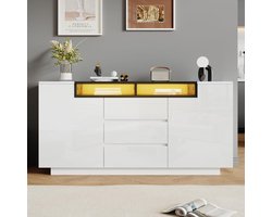 Sierra Dressoir, Dressoir voor woonkamer, 140 x 60 x 48 cm, met 2 L-vormige deuren, woonkamerkast met verstelbare scheidingswanden en ledverlichting, hoogglanskast met 3 laden, commode, wit + zwart
