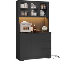 Sierra Dressoir, Keukenkast, buffetkast met led-dressoir voor keuken met stekkerdoos, keukenkast met werkblad en 3 laden, keukenbuffet met verstelbaar rek, 180 x 100 x 38,5 cm (zwart)