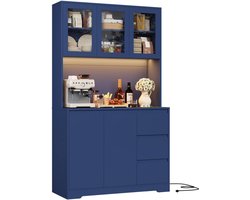 Sierra Dressoir, Keukenkast, buffetkast met led-dressoir voor keuken met stekkerdoos, keukenkast met werkblad en 3 laden, keukenbuffet met verstelbaar rek, blauw, 180 x 100 x 38,5 cm