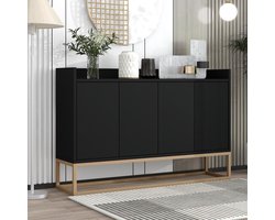 Sierra Dressoir, Sideboard opbergkast, modern dressoir in minimalistische stijl, 4-deurs, greeploze buffetkast voor eetkamer, woonkamer, keuken (zwart)