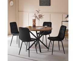 Sierra Eettafel, HOME Eetkamerset, ronde eettafel, 100 cm, met 4 gevoerde eetkamerstoelen van kunstleer, ideaal voor keuken, woonkamer, eetkamer (donker hout + zwart (Hollands leer)