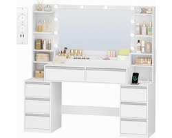 Sierra, Grote Kaptafel met 3 Kleuren Ledverlichting, Make-uptafel met Spiegel en Verlichting, Stopcontacten, Haardrogerhouder, 8 Laden, Meerdere Open Opbergruimtes, 40 × 135 × 145,2 cm, Wit-Zilver