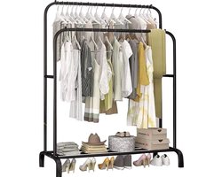 Sierra Industrieel Kledingrek Enkele Stang - Metaal - 110x33x155 CM - Zwart - Opbergruimte Voor Schoenen - Garderoberek Met Haken
