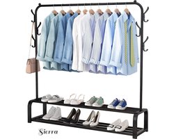 Sierra Industrieel Kledingrek Enkele Stang - Metaal - 110x33x155 CM - Zwart - Opbergruimte Voor Schoenen - Garderoberek Met Haken