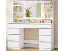 Sierra Kaptafel, DT35703WV1 Grote make-uptafel met ledverlichting, 10 led-lichtballen, 3 kleuren, instelbare helderheid, make-uptafel met spiegel, 9 laden, 9 open planken, moderne stijl, wit-zilver