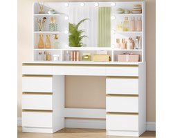 Sierra Kaptafel, Grote Kaptafel met LED-verlichting, 10 LED-lichtbollen, 3 kleuren, instelbare helderheid, Kaptafel met Spiegel, 9 Laden, 9 Open Planken, Moderne Stijl, Wit-GoudDT35703X