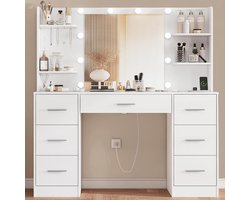 Sierra Kaptafel, Grote kaptafel met Verstelbare LED Verlichting en Stopcontacten, Make-up Tafel met Spiegel, Make-up Tafel met 7 Lades, 4 Open Opbergvakken en 5 Sieradenhaken voor de Slaapkamer, Wit