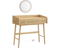 Sierra Kaptafel, HOME BOHOVEN Collectie Make-uptafel met spiegel, verlichting, make-uptafel 3 laden in rotan-look, touch-bediening, 3 lichtkleuren, dimbaar, boho-stijl, slaapkamer, eikenbeige