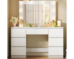Sierra Kaptafel, kaptafel met LED-verlichting, make-uptafel met spiegel, kaptafel met 7 laden, instelbare helderheid, gemaakt van hout, 110x140,5x39,5 cm, modern, wit