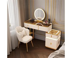 Sierra Kaptafel, Kaptafel met spiegel en laden slaapkamer kaptafels met draadloos opladen 80 cm/100 cm make-up kaptafel set met stoel en opbergtafel poten dressoir tafel (wit + goud, 80 cm)