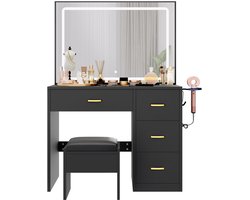 Sierra Kaptafel, Make-uptafel met spiegel, kaptafel met 4 laden, verlichting, stopcontact, zwart (make-uptafel, kaptafel, cosmeticatafel, vanity-tafel)