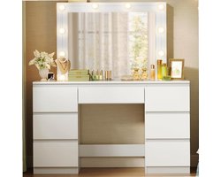 Sierra, kaptafel met LED-verlichting, make-uptafel met spiegel, kaptafel met 7 laden, instelbare helderheid, gemaakt van hout, 107x140,5x39,5 cm, modern, wit