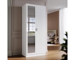 Sierra Kledingkast, Kledingkast met spiegeldeur, wit, veelzijdige draaideurkast 2-deurs voor je slaapkamer, 76 cm (B) x 47 cm (D) x 180 cm (H).