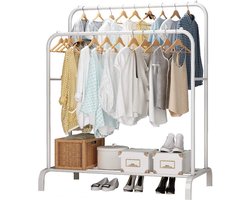 Sierra kledingrek wit metaal - Kleding rek metaal met kledinghangers - Kledingrek dubbel met schoenenrek - Opbergrek voor kleding - Garderoberek met 2 kledingstangen - Kledingrek met haken - Kledingrek/Garderoberek staand 153 x 110 x 33 CM