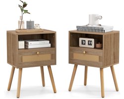 Sierra Nachtkastje rotan set van 2, nachtkastje met lade en open vak, bijzettafel met massief houten poten, nachtkastje in boho-stijl, salontafel voor slaapkamer, woonkamer, 40 x 30 x 60,5 cm