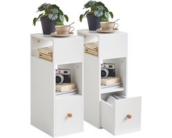 Sierra nachtkastje set van 2, klein smal nachtkastje met 2 open vakken en 1 lade, ruimtebesparend, houten bijzettafels voor slaapkamer woonkamer, wit