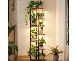 Sierra, Plantenstandaard met Groeilicht voor Kamerplanten Hoek 7 Niveaus Metalen Plantenrek Houten Bloemstandaard voor Huis Woonkamer Decoratie Terrasdecoratie