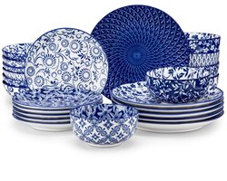 Sierra Serviesset, Selene borden en kommen set, 24-delige vintage blauwe porseleinen dinersets voor 6 personen, krasbestendig serviessets, serviesset, Mircowave vaatwasmachinebestendige serviesset