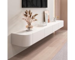 Sierra TV Meubel, Zwevende tv-standaard, aan de muur gemonteerde tv-planken met deurtjes, tv-mediaconsole, zwevende tv-kast met grote tv-plank voor onder de tv, wit, 140 cm