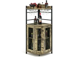Sierra Wijnkast, Industriële barkast, wijnkast met glashouder, huisbar van metalen frame, hoekkast keuken, 46 x 46 x 130 cm (lichtbruin)