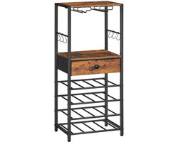 Sierra Wijnrek, Wijnrek voor 16 flessen, vrijstaand vloermodel, wijnopbergrek met niet-geweven stof en haken, wijnrek tafel, barkast voor keuken, eetkamer, bar, rustiek bruin en zwart