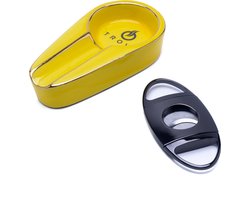 Sigarenasbak Geel en Sigarenknipper Set - Luxe Keramische Sigaarasbak met Gouden Rand en Space Black Sigarenknipper - Giftbox - Trove