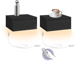 Signature Home Bastia Nachtkastje - Hangend Nachtkastje Set van 2 - Bijzettafel met Lamp 3 Kleuren - Zwevende Wandplank - Lade Modern - hout Zwart - 35 x 40 x 18 cm