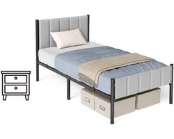 Signature Home bedframe - met gestoffeerd hoofdeinde - Stalen bedframe - Ondersteunt tot 250 kg - Zwart Grjs - 90 x 200 cm