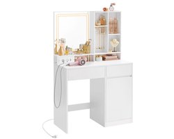 Signature Home Belaa Kaptafel - Kaptafel met spiegel en licht - make-uptafel met lade - verstelbare planken - Met stopcontact - wit