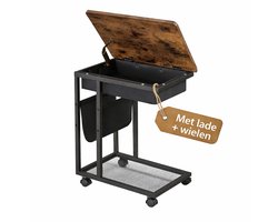 Signature Home Bijzettafel - Bijzettafel met Lade en Wielen – Laptoptafel voor Bank – Nachtkastje Industrieel – Verrijdbare Tafel – Bruin/Zwart – 50x35x60 cm