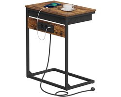 Signature Home Bijzettafel met Stopcontact en USB – Laptoptafel voor Bank – Nachtkastje met Laadstation en Lade – Industrieel Bruin-Zwart -55x35x66 cm