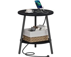 Signature Home Bijzettafel Rond - met Laadstation – Nachtkastje - Banktafel - Bijzettafel woonkamer - Koffietafel – Zwart – 40 × 40 × 50 cm