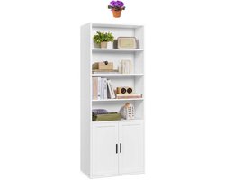 Signature Home boekenkast - hoge boekenkast plank met 6 niveaus - vrijstaande plank met deuren - Kast voor woonkamer - thuiskantoor - eetkamer - White - 24 x 60 x 175 cm,
