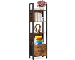 Signature Home Boekenkast met 5 lagen - hoekkast met lade - industrieel kast - stalen frame voor woonkamer - thuiskantoor - slaapkamer - bruin/zwart - 24 x 40 x 165 cm