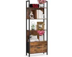 Signature Home Boekenkast met 5 niveaus - hoekplank met lade - ladderplank - industrieel Boekenkast - met stalen frame - Vintage Bruin en Zwart - 24 x 60 x 165 cm