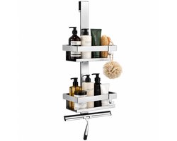 Signature Home Doucherek Hangend Zonder Boren – Douchewand Rek met 4 Haken – Badkamerrek met Mandjes – Douche Organizer voor Glazen Douchewand – RVS – Zilver