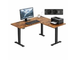 Signature Home Elektrisch Verstelbaar Bureau L-vorm 140x160 cm – Hoekbureau met Geheugenfunctie (2 standen) & Stopcontact – Zit Sta Bureau – Hoekbureau Elektrisch – Bureau Thuiswerk/Kantoor – Bruin Zwart