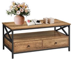 Signature Home Fiji Salontafel - woonkamertafel - banktafel voor woonkamer - Salontafel met lades - X-Struts - open vak - industrieel - walnootbruin - zwart - 100 x 56 x 45.5 cm