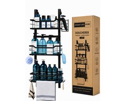 Signature Home Hangend Doucherek Zonder Boren - Verstelbaar Doucherek 3 Laags - Shampoohouder voor Douche - Badkamerrek voor Glazen Douchewand - RVS - Zwart