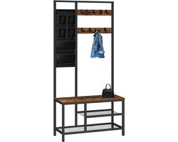 Signature Home Kapstok - garderobe - Staande Kapstok - kledingrek met 6 vakken en 9 haken - schoenenrek met zitvlak - zitbank - vintage bruin-zwart - 30x80x180 cm