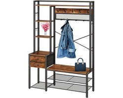 Signature Home Kapstok met schoenenbank - Garderoberek 16 haken - kledingrek - entreemeubel met laden van vliesstof - garderobe met zitbank - voor woonkamer - hal - bruin - zwart - 40 x 106 x 180