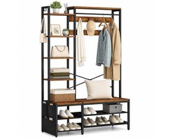 Signature Home Kapstok met Schoenenrek en Bankje - Garderoberek met 20 Haken - 6 Schoenenplanken - Zijvak - Industrieel Halmeubel - Zwart/Vintage Bruin - 120 x 39,5 x 182.5 cm