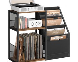 Signature Home LP Opbergsysteem – Vinyl Opbergkast - Platenrek – Platenspeler Meubel met Opbergruimte – LP Kast voor ±140 Platen – Platenspeler Standaard – Hout Metaal – Bruin Zwart – 30x81x69 cm