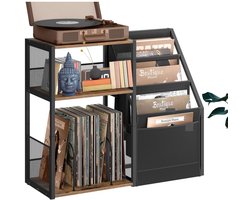 Signature Home Lubin Bijzettafel Platenspeler Meubel – Stand Platenspelerstandaard Bijzettafel Met Vinyl Opbergsysteem - RustiekePlatenopbergkasthouderr - bruin zwart