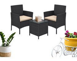 Signature Home LuxTuinset Balkonset - PE Polyrattan Loungeset set - Tafel en 2 stoelen Tuinmeubelen - Buiten voor Terras Balkon Tuin - inkZwart